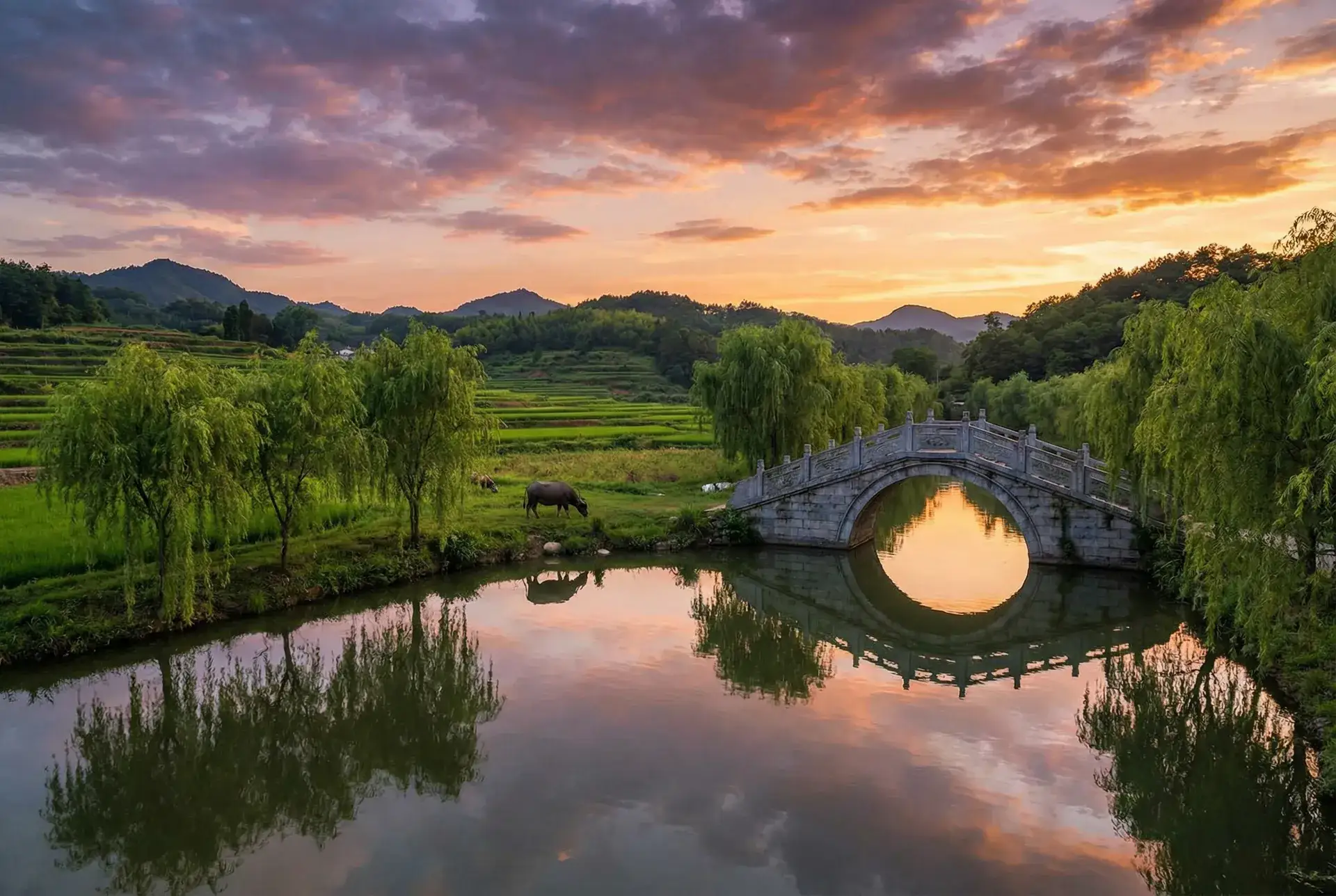 夕阳下的石拱桥与垂柳，水牛在河边吃草 - 草樱免费视频 乡村美景